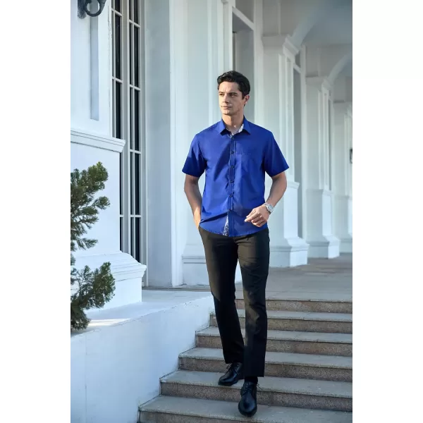 HISDERN Mens Dress Shirts Short Sleeve Regular Fit Casual Button Down Shirt Inner Contrast Business Formal Pocket Shirt