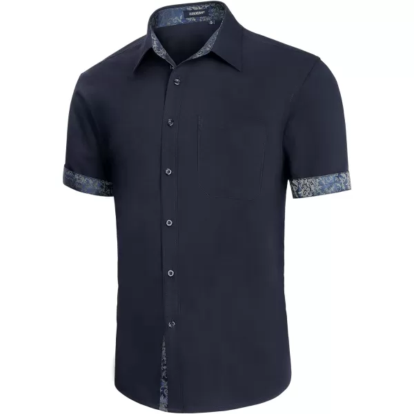 HISDERN Mens Dress Shirts Short Sleeve Regular Fit Casual Button Down Shirt Inner Contrast Business Formal Pocket Shirt