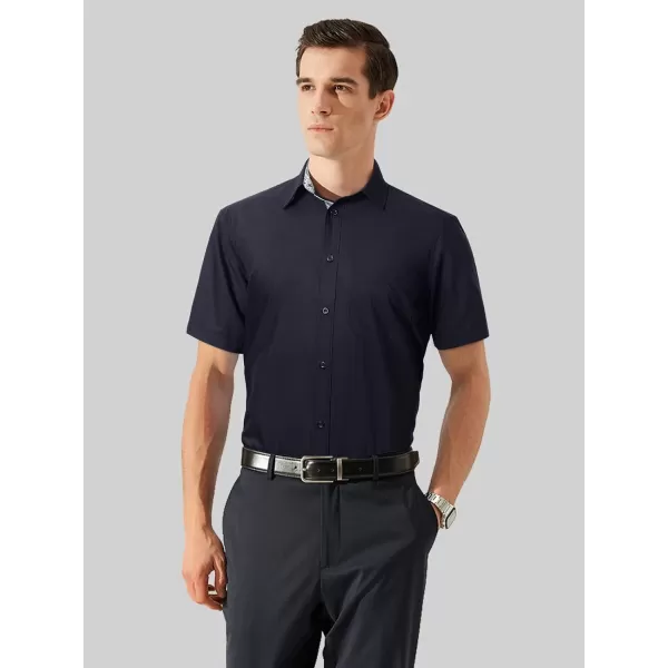 HISDERN Mens Dress Shirts Short Sleeve Regular Fit Casual Button Down Shirt Inner Contrast Business Formal Pocket Shirt