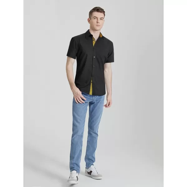 HISDERN Mens Dress Shirts Short Sleeve Regular Fit Casual Button Down Shirt Inner Contrast Business Formal Pocket Shirt