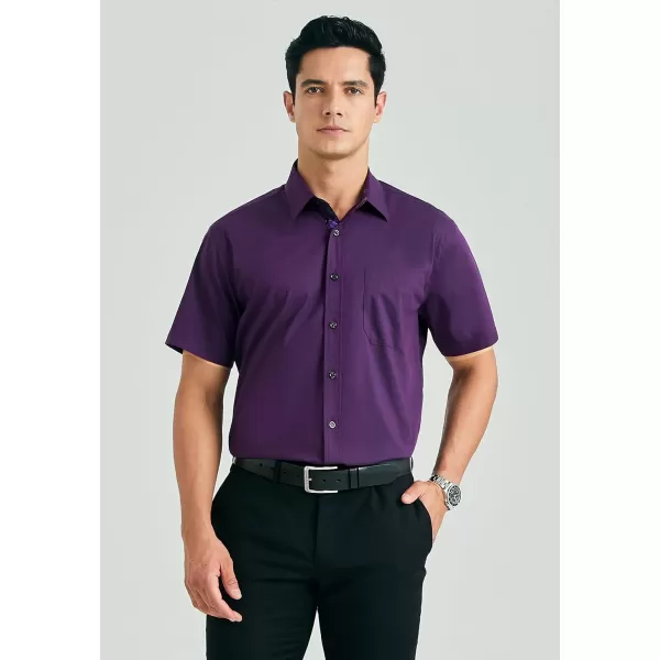 HISDERN Mens Dress Shirts Short Sleeve Regular Fit Casual Button Down Shirt Inner Contrast Business Formal Pocket Shirt
