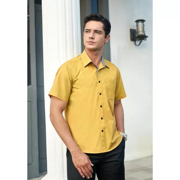 HISDERN Mens Dress Shirts Short Sleeve Regular Fit Casual Button Down Shirt Inner Contrast Business Formal Pocket Shirt