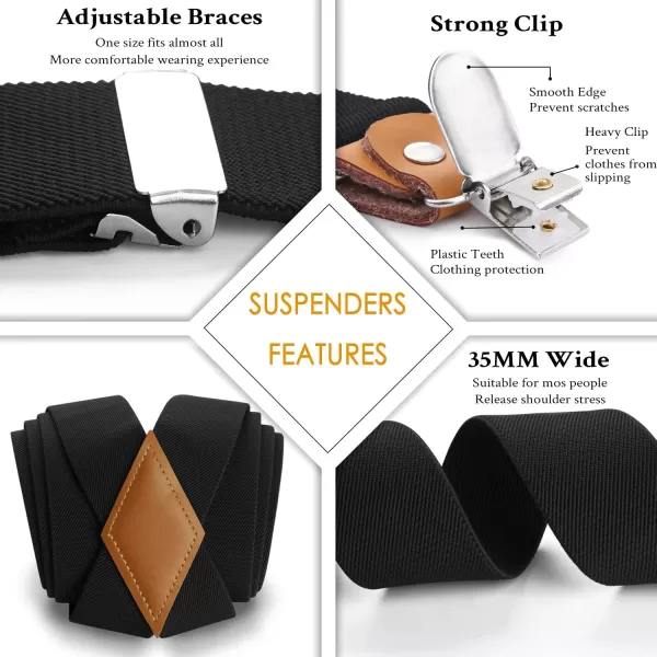 HISDERN Mens Elastic Suspenders and Bow tie Set Solid Color Adjustable X-Back Suspender for Wedding Formal Tuxedo Braces