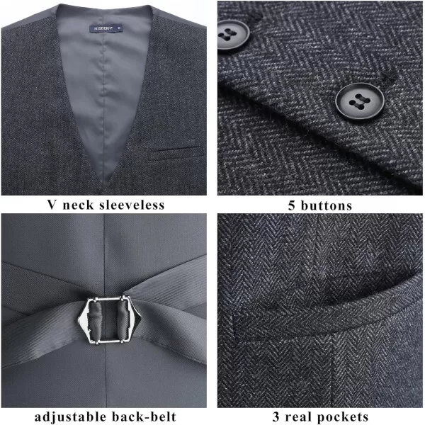 HISDERN Men's Herringbone Tweed Vest British Wedding Premium Wool Blend Suit Vest Business Formal Dress Vests Waistcoat