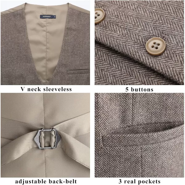 HISDERN Men's Herringbone Tweed Vest British Wedding Premium Wool Blend Suit Vest Business Formal Dress Vests Waistcoat