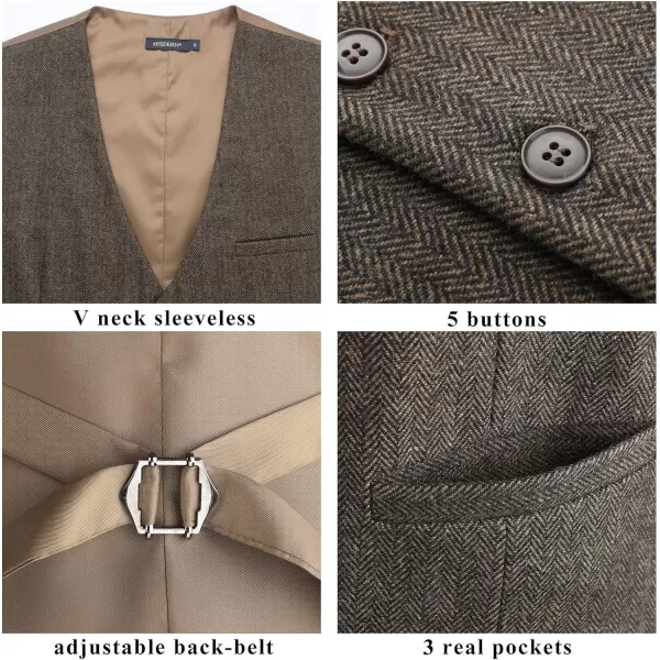 HISDERN Men's Herringbone Tweed Vest British Wedding Premium Wool Blend Suit Vest Business Formal Dress Vests Waistcoat