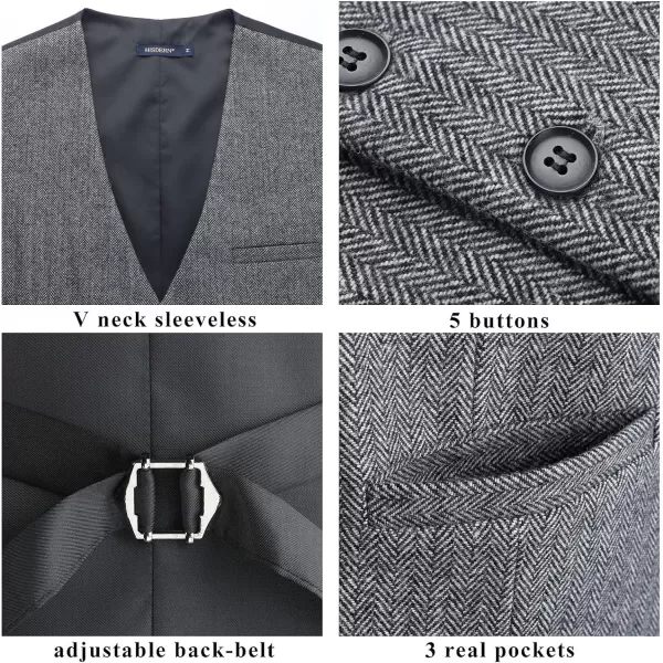 HISDERN Men's Herringbone Tweed Vest British Wedding Premium Wool Blend Suit Vest Business Formal Dress Vests Waistcoat