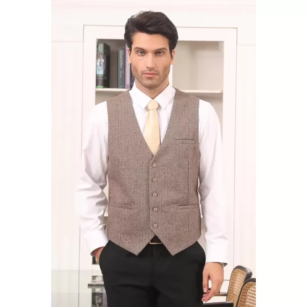 HISDERN Men's Herringbone Tweed Vest British Wedding Premium Wool Blend Suit Vest Business Formal Dress Vests Waistcoat