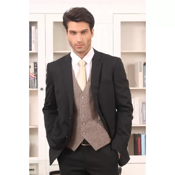 HISDERN Men's Herringbone Tweed Vest British Wedding Premium Wool Blend Suit Vest Business Formal Dress Vests Waistcoat