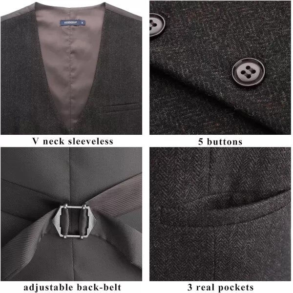 HISDERN Men's Herringbone Tweed Vest British Wedding Premium Wool Blend Suit Vest Business Formal Dress Vests Waistcoat