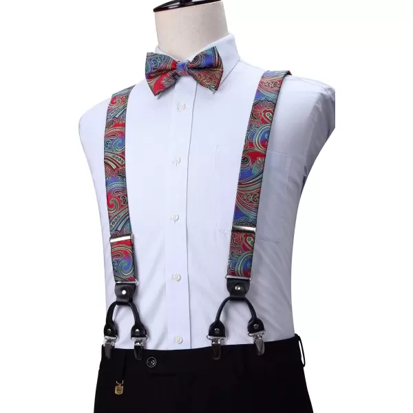 HISDERN Mens Paisley Floral Suspenders Strong 6 Clips Y-Back Adjustable Trouser Braces Self BowTie Set for Party Work