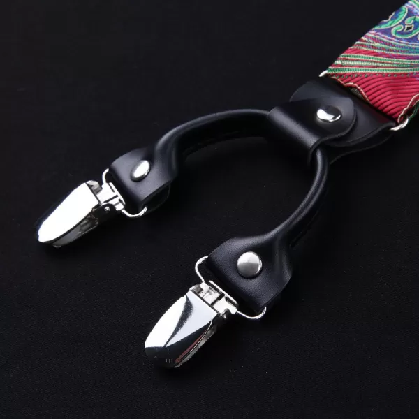 HISDERN Mens Paisley Floral Suspenders Strong 6 Clips Y-Back Adjustable Trouser Braces Self BowTie Set for Party Work