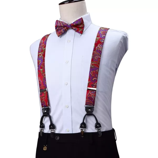 HISDERN Mens Paisley Floral Suspenders Strong 6 Clips Y-Back Adjustable Trouser Braces Self BowTie Set for Party Work