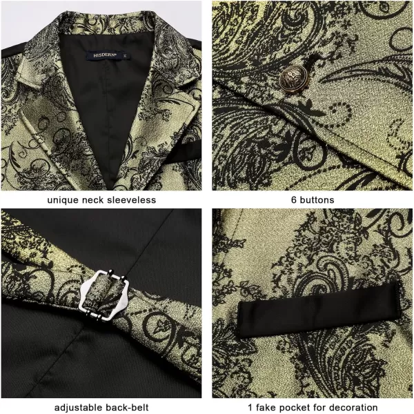 HISDERN Mens Shiny Paisley Suit Vest Victorian Steampunk Gothic Waistcoat for Men Wedding Party Suit or Tuxedo