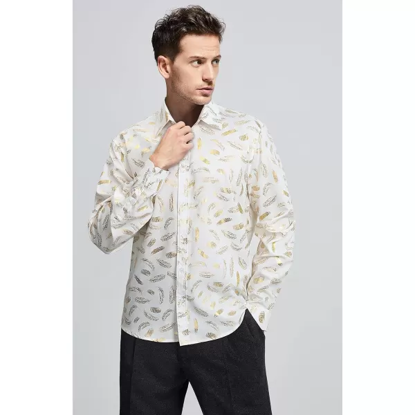 HISDERN Men's Shiny Rose Gold Dress Shirts Nightclub Floral Printed Long Sleeve Shirts 70s Paisley Button Down Party Shirt