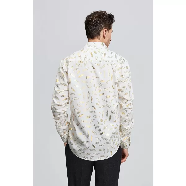 HISDERN Men's Shiny Rose Gold Dress Shirts Nightclub Floral Printed Long Sleeve Shirts 70s Paisley Button Down Party Shirt