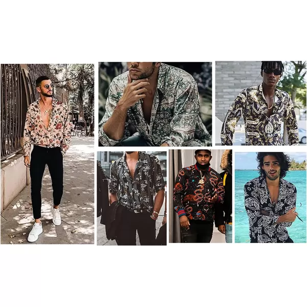 HISDERN Men's Shiny Rose Gold Dress Shirts Nightclub Floral Printed Long Sleeve Shirts 70s Paisley Button Down Party Shirt