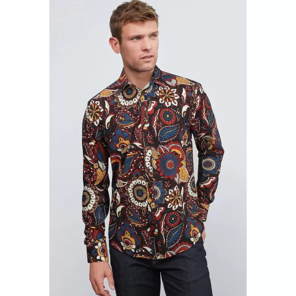 HISDERN Men's Shiny Rose Gold Dress Shirts Nightclub Floral Printed Long Sleeve Shirts 70s Paisley Button Down Party Shirt