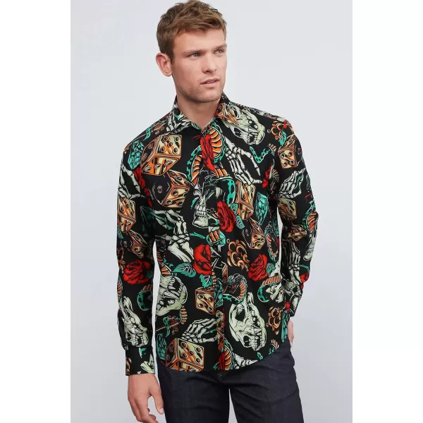 HISDERN Men's Shiny Rose Gold Dress Shirts Nightclub Floral Printed Long Sleeve Shirts 70s Paisley Button Down Party Shirt