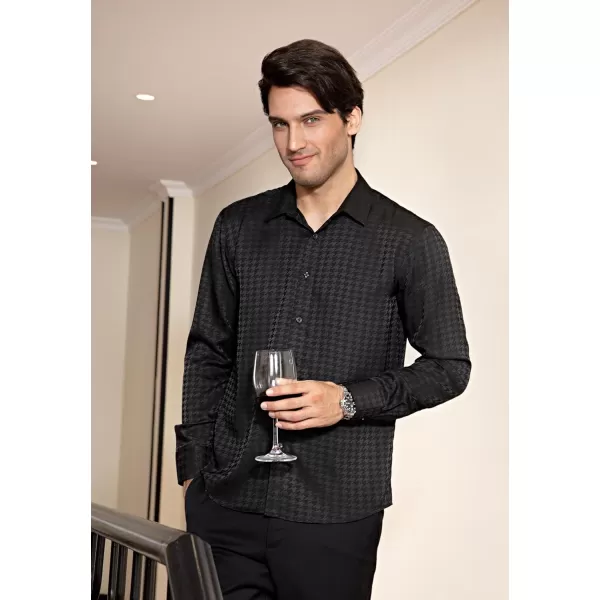 HISDERN Men's Shiny Satin Dress Shirts Luxury Floral Jacquard Slik Like Long Sleeve Fashion Shirt for Wedding Party Prom