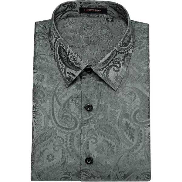 HISDERN Men's Shiny Satin Dress Shirts Luxury Floral Jacquard Slik Like Long Sleeve Fashion Shirt for Wedding Party Prom