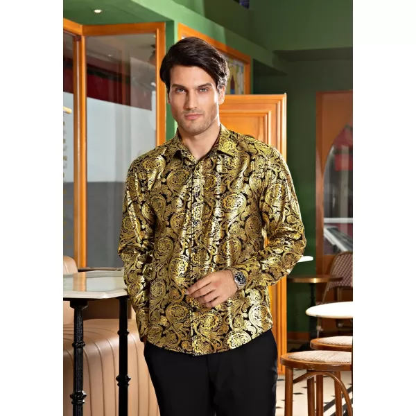 HISDERN Men's Shiny Satin Dress Shirts Luxury Floral Jacquard Slik Like Long Sleeve Fashion Shirt for Wedding Party Prom
