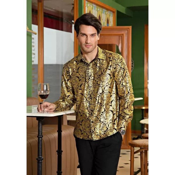 HISDERN Men's Shiny Satin Dress Shirts Luxury Floral Jacquard Slik Like Long Sleeve Fashion Shirt for Wedding Party Prom