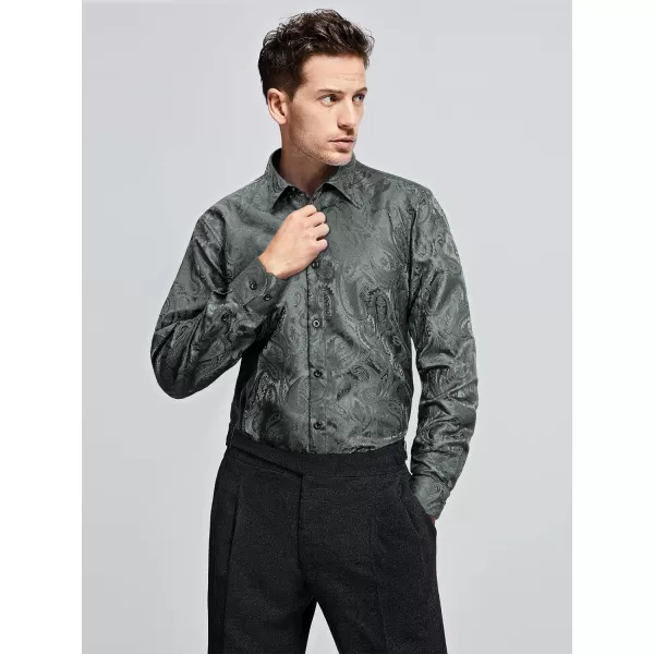 HISDERN Men's Shiny Satin Dress Shirts Luxury Floral Jacquard Slik Like Long Sleeve Fashion Shirt for Wedding Party Prom