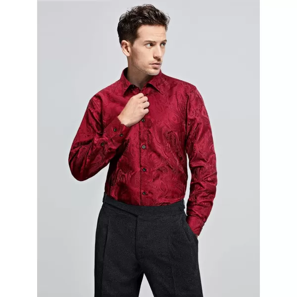 HISDERN Men's Shiny Satin Dress Shirts Luxury Floral Jacquard Slik Like Long Sleeve Fashion Shirt for Wedding Party Prom