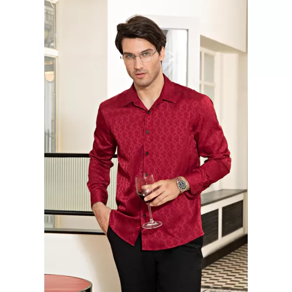 HISDERN Men's Shiny Satin Dress Shirts Luxury Floral Jacquard Slik Like Long Sleeve Fashion Shirt for Wedding Party Prom