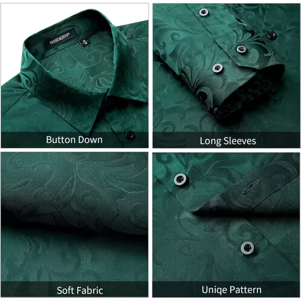 HISDERN Men's Shiny Satin Dress Shirts Luxury Floral Jacquard Slik Like Long Sleeve Fashion Shirt for Wedding Party Prom