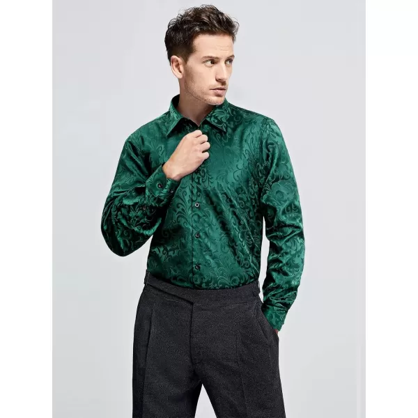 HISDERN Men's Shiny Satin Dress Shirts Luxury Floral Jacquard Slik Like Long Sleeve Fashion Shirt for Wedding Party Prom