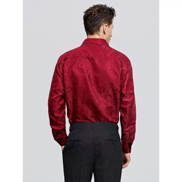 HISDERN Men's Shiny Satin Dress Shirts Luxury Floral Jacquard Slik Like Long Sleeve Fashion Shirt for Wedding Party Prom