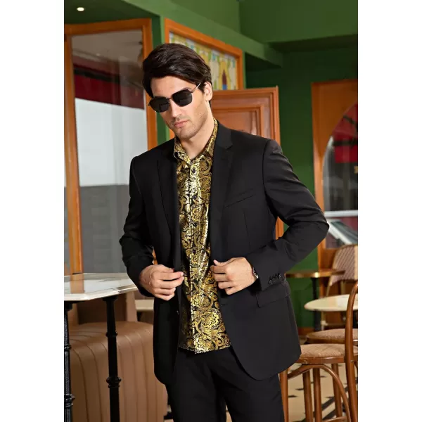 HISDERN Men's Shiny Satin Dress Shirts Luxury Floral Jacquard Slik Like Long Sleeve Fashion Shirt for Wedding Party Prom