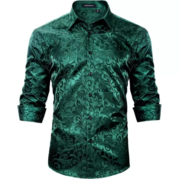 HISDERN Men's Shiny Satin Dress Shirts Luxury Floral Jacquard Slik Like Long Sleeve Fashion Shirt for Wedding Party Prom