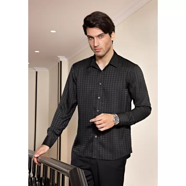 HISDERN Men's Shiny Satin Dress Shirts Luxury Floral Jacquard Slik Like Long Sleeve Fashion Shirt for Wedding Party Prom