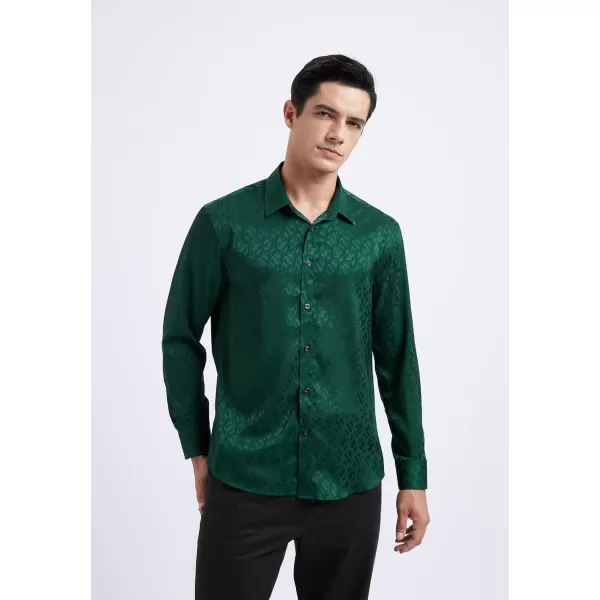 HISDERN Men's Shiny Satin Dress Shirts Luxury Floral Jacquard Slik Like Long Sleeve Fashion Shirt for Wedding Party Prom
