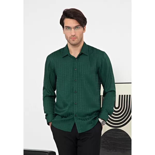 HISDERN Men's Shiny Satin Dress Shirts Luxury Floral Jacquard Slik Like Long Sleeve Fashion Shirt for Wedding Party Prom