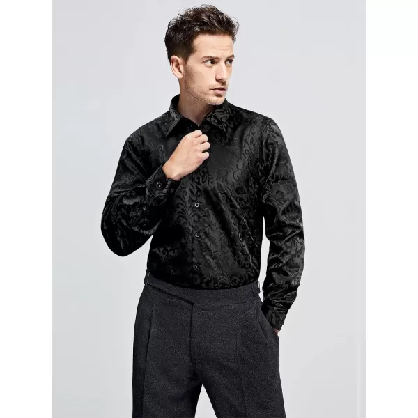 HISDERN Men's Shiny Satin Dress Shirts Luxury Floral Jacquard Slik Like Long Sleeve Fashion Shirt for Wedding Party Prom