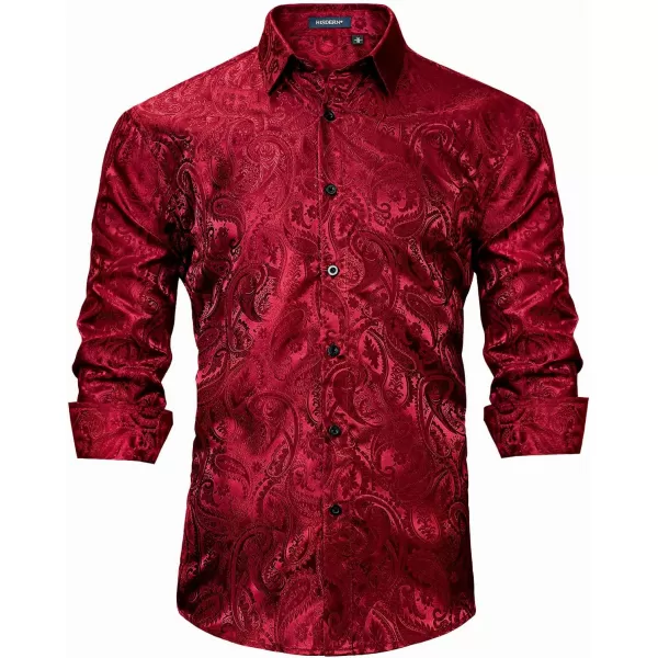 HISDERN Men's Shiny Satin Dress Shirts Luxury Floral Jacquard Slik Like Long Sleeve Fashion Shirt for Wedding Party Prom