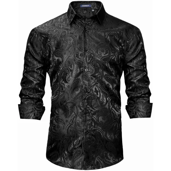 HISDERN Men's Shiny Satin Dress Shirts Luxury Floral Jacquard Slik Like Long Sleeve Fashion Shirt for Wedding Party Prom