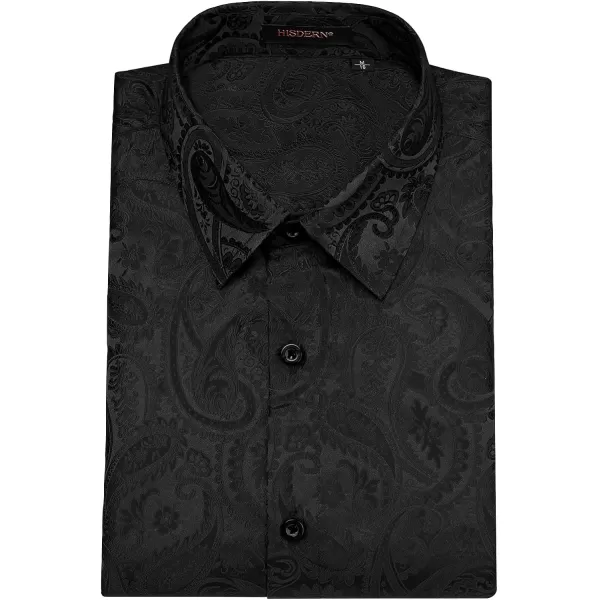 HISDERN Men's Shiny Satin Dress Shirts Luxury Floral Jacquard Slik Like Long Sleeve Fashion Shirt for Wedding Party Prom