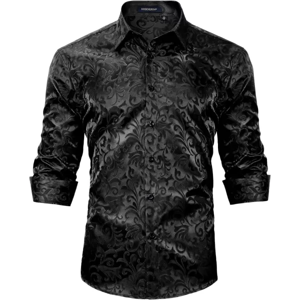 HISDERN Men's Shiny Satin Dress Shirts Luxury Floral Jacquard Slik Like Long Sleeve Fashion Shirt for Wedding Party Prom