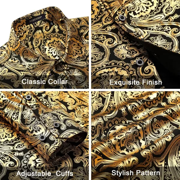 HISDERN Men's Shiny Satin Dress Shirts Luxury Floral Jacquard Slik Like Long Sleeve Fashion Shirt for Wedding Party Prom