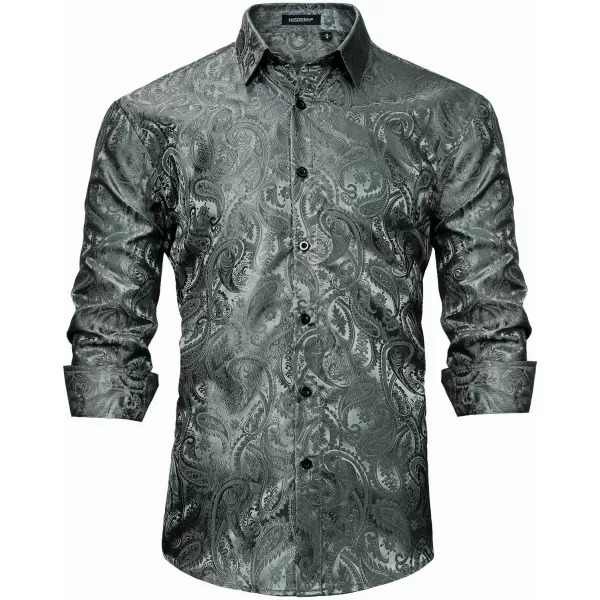HISDERN Men's Shiny Satin Dress Shirts Luxury Floral Jacquard Slik Like Long Sleeve Fashion Shirt for Wedding Party Prom