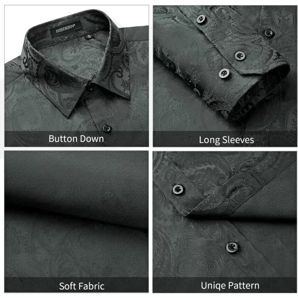 HISDERN Men's Shiny Satin Dress Shirts Luxury Floral Jacquard Slik Like Long Sleeve Fashion Shirt for Wedding Party Prom