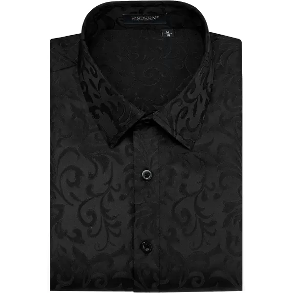 HISDERN Men's Shiny Satin Dress Shirts Luxury Floral Jacquard Slik Like Long Sleeve Fashion Shirt for Wedding Party Prom