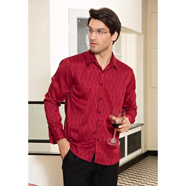 HISDERN Men's Shiny Satin Dress Shirts Luxury Floral Jacquard Slik Like Long Sleeve Fashion Shirt for Wedding Party Prom
