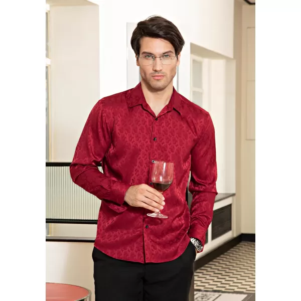 HISDERN Men's Shiny Satin Dress Shirts Luxury Floral Jacquard Slik Like Long Sleeve Fashion Shirt for Wedding Party Prom