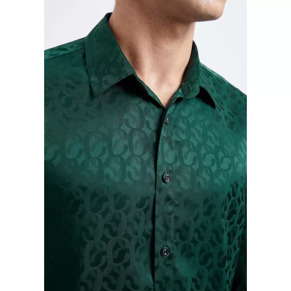 HISDERN Men's Shiny Satin Dress Shirts Luxury Floral Jacquard Slik Like Long Sleeve Fashion Shirt for Wedding Party Prom